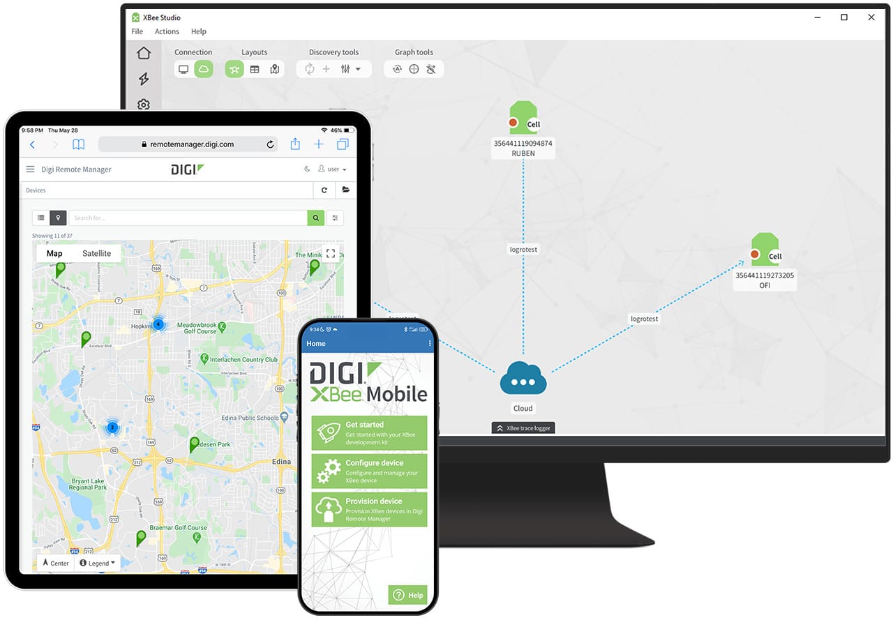 Tablet, smartphone, and desktop showing Digi XBee software with maps, device management, and cloud connections